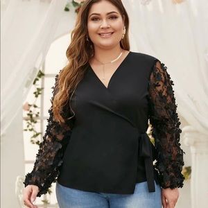 SHEIN Wrap Blouse with Flower Detail Sleeve 1XL